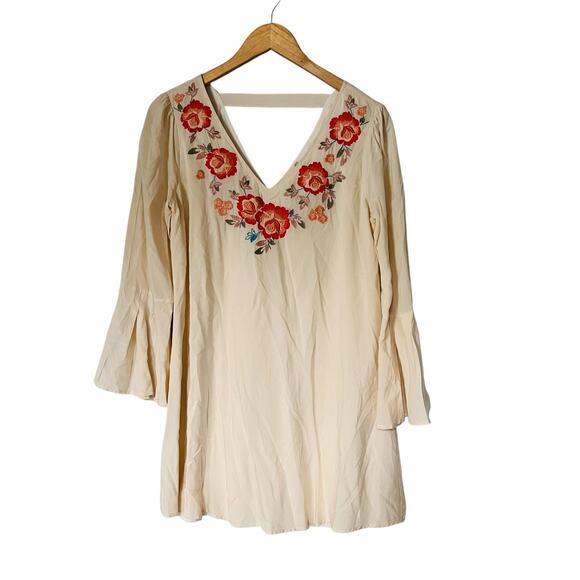 Altar’s State Floral Embroidered Long Bell Sleeve Dress Size S Small Cream Red - Picture 1 of 7